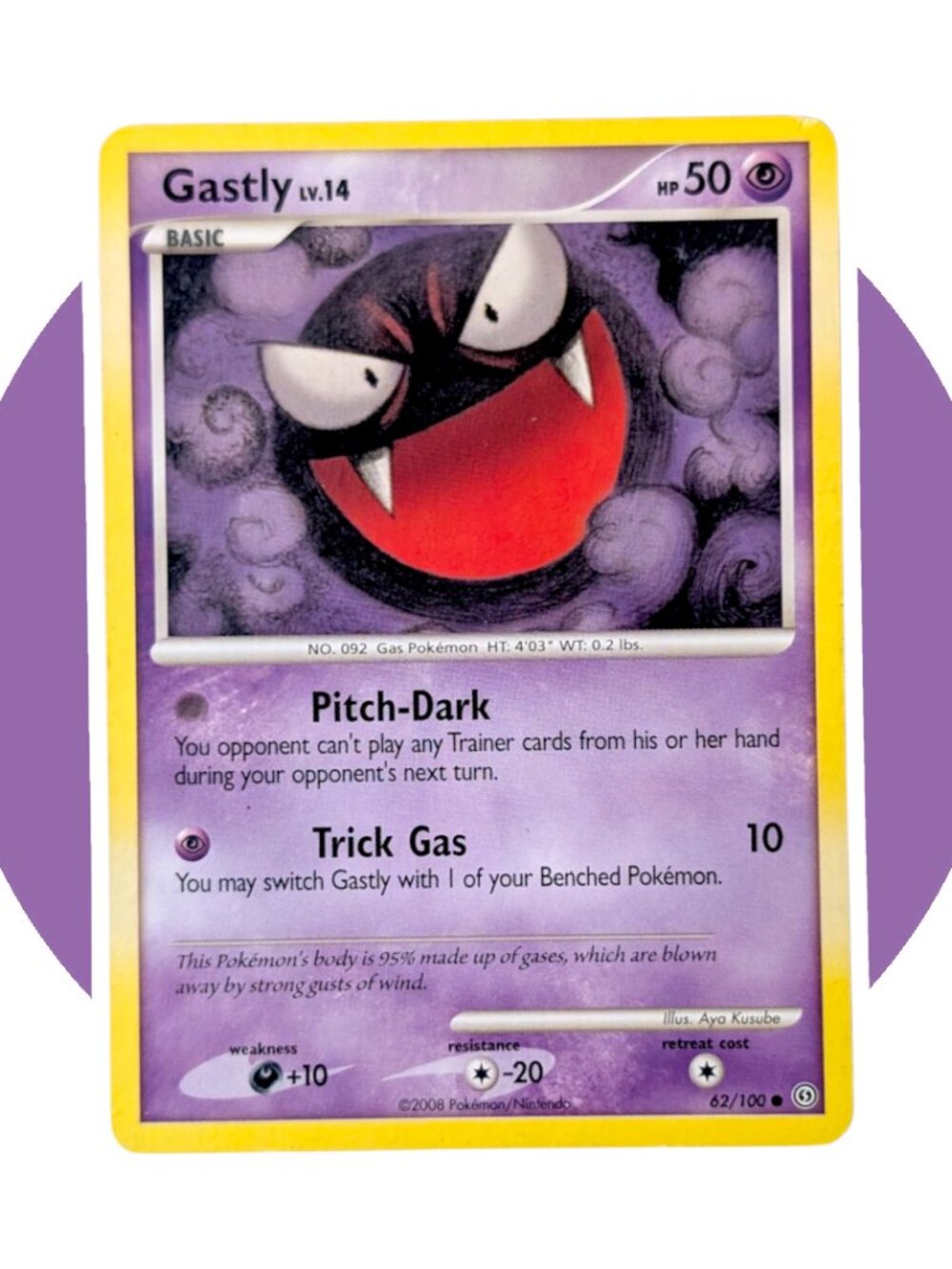 Stormfront Pokemon Card (A43): Gastly 62/100, Aya Kusube